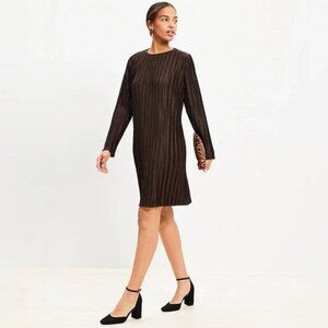 LOFT NWT Brown Pleated Jersey Long Sleeve Mini Dress in Iced Espresso